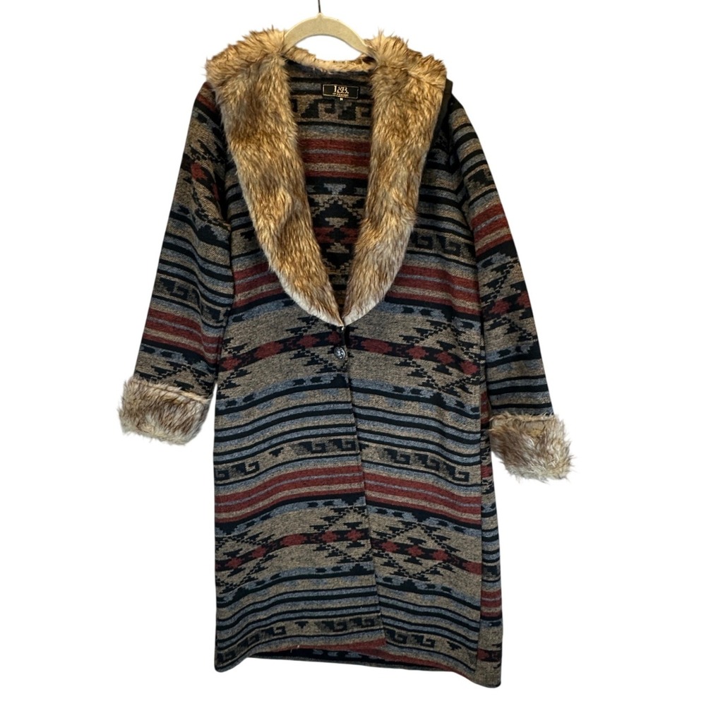 L&B Lucky & Blessed Southwestern Aztec Faux Fur Trim Wool Blend Coat Med